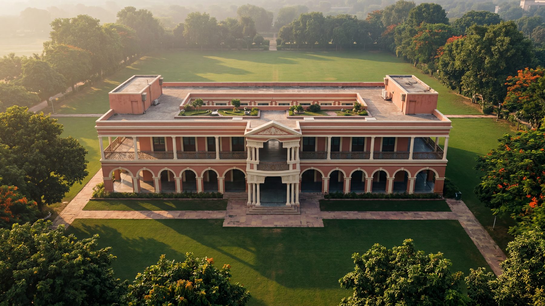Diksha Public School and its grounds seen from above, with boundary trees around the lawns.