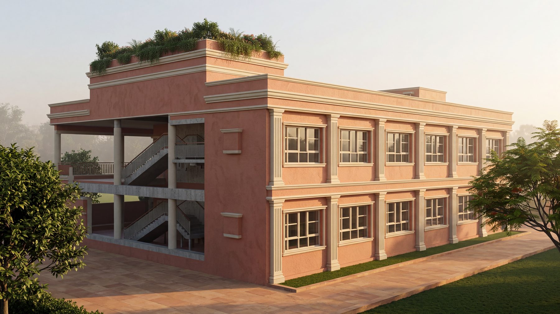 The senior wing from the side, with open stairs, two floors of classrooms and the lawn beside it.