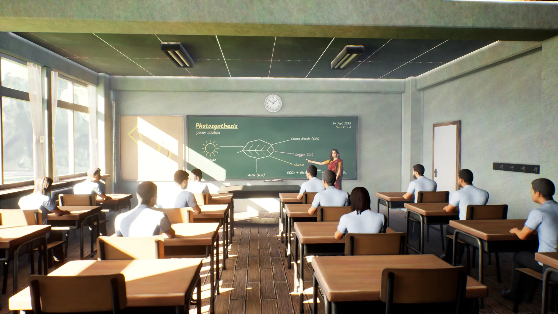 Inside a classroom: the teacher at the board, rows of desks facing her