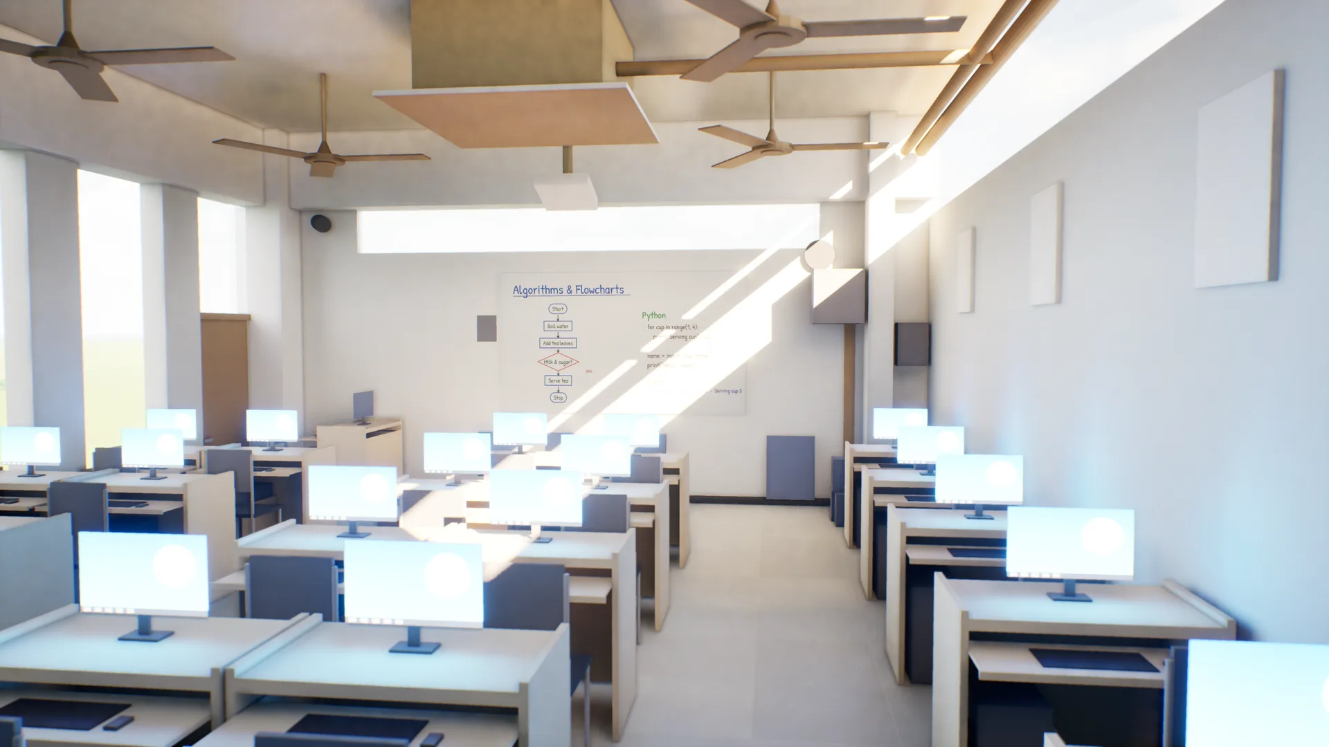 The computer lab: rows of desks with a monitor at each, sunlit windows on the left, a whiteboard at the front