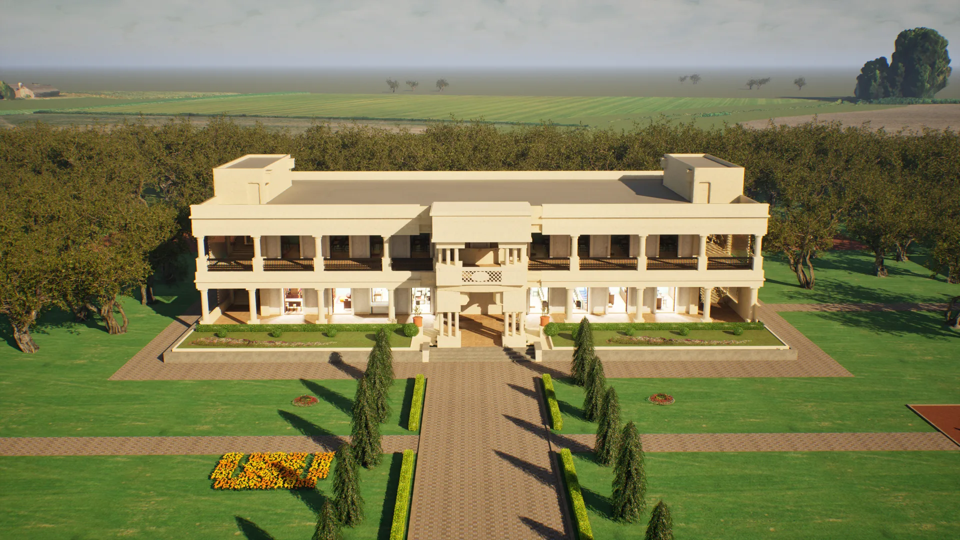 Diksha Public School from the air: the main building, the drive and the lawns, with fields all around