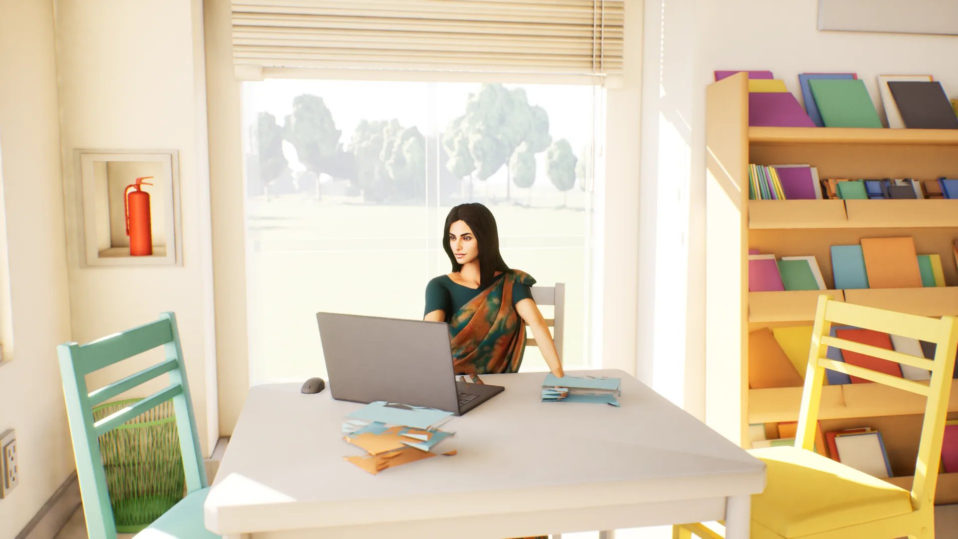 The library: the librarian at her desk by the window, shelves of books beside her