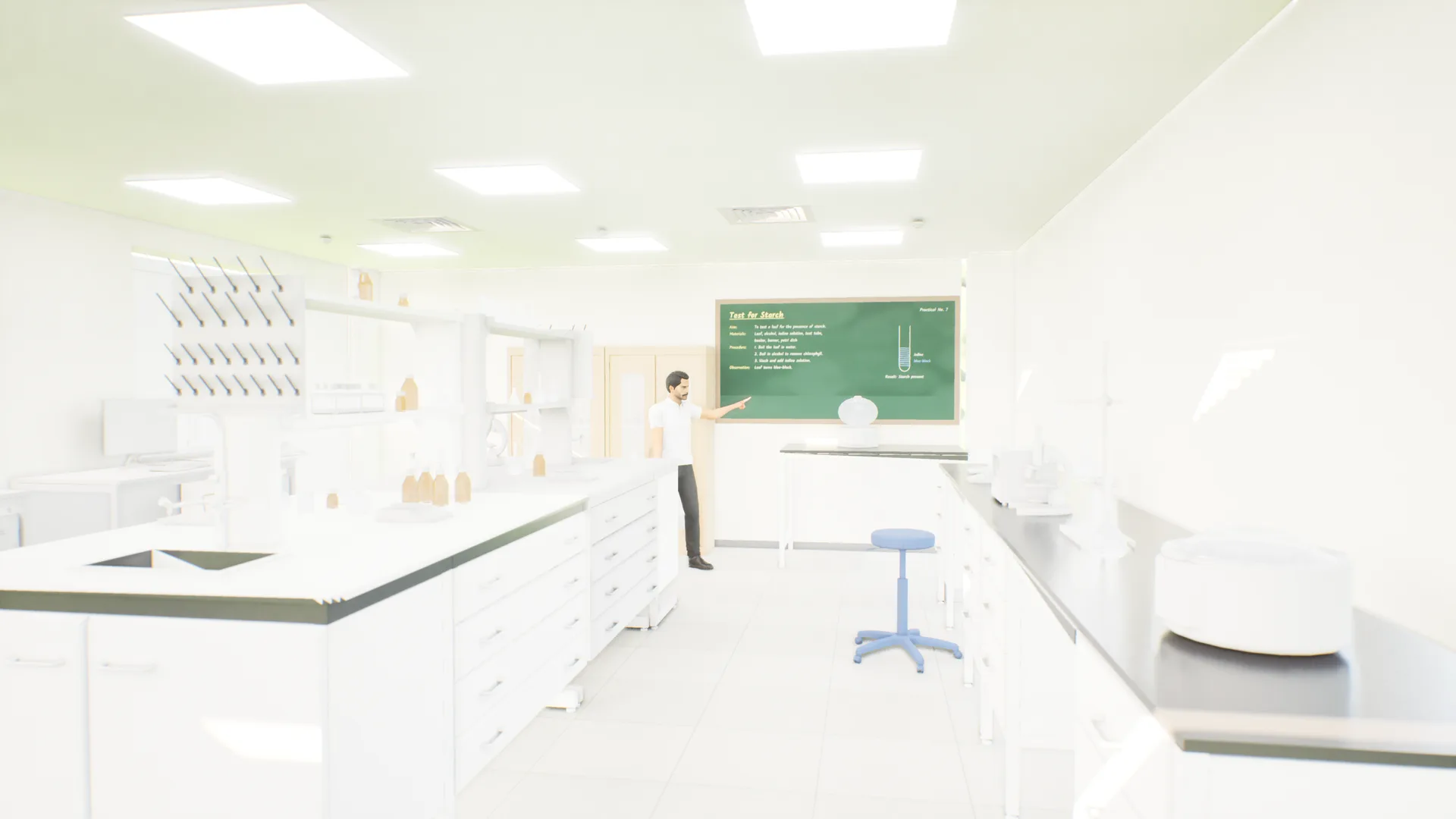 The science lab: the teacher at the board, benches with sinks and glassware, the fume cupboard by the window